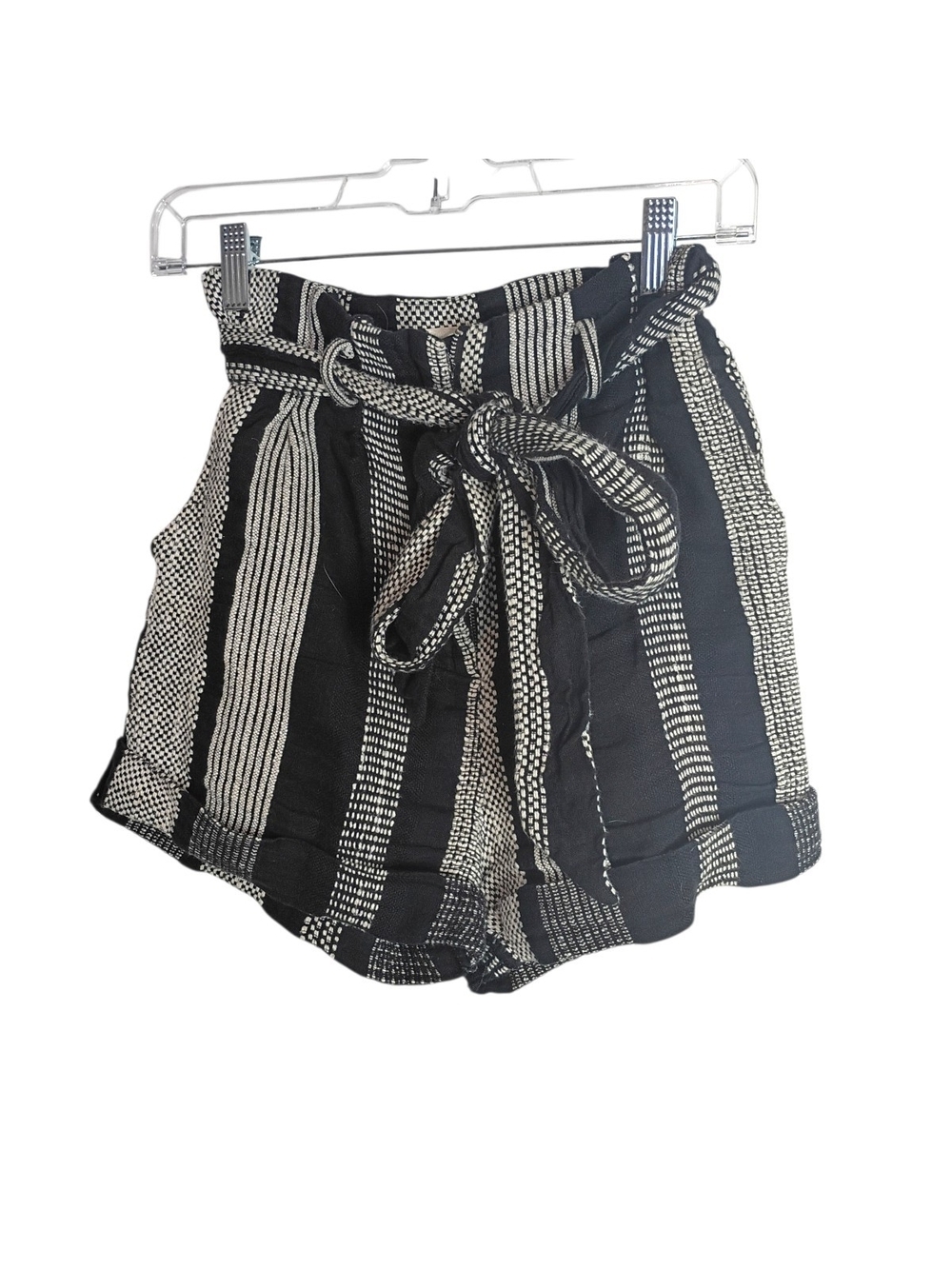 Honey Punch -High-Waist Black & White Striped Paperbag Shorts with Tie Belt XS